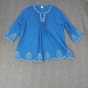 ADRIAN DILAFIELD WOMENS BLUE WHITE EMBROIDERED 3/4 SLEEVE FLOWY TOP SIZE XL